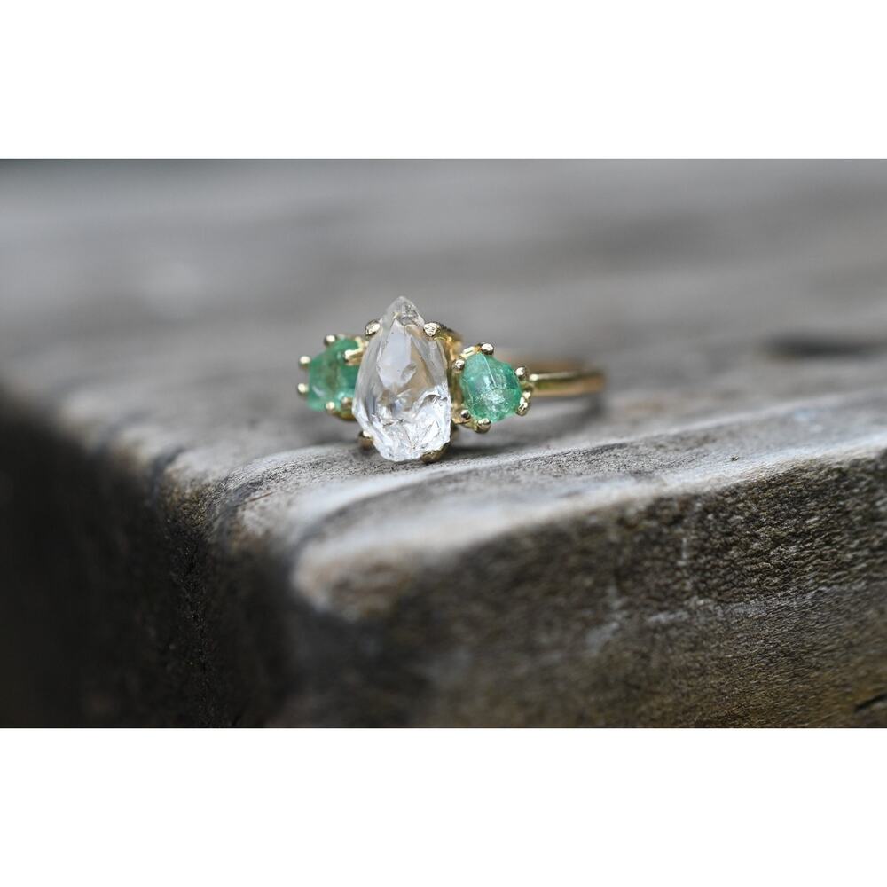 Real Emerald Rings, Genuine Uncut Emerald Jewelry, Raw Diamond Ring, Natural